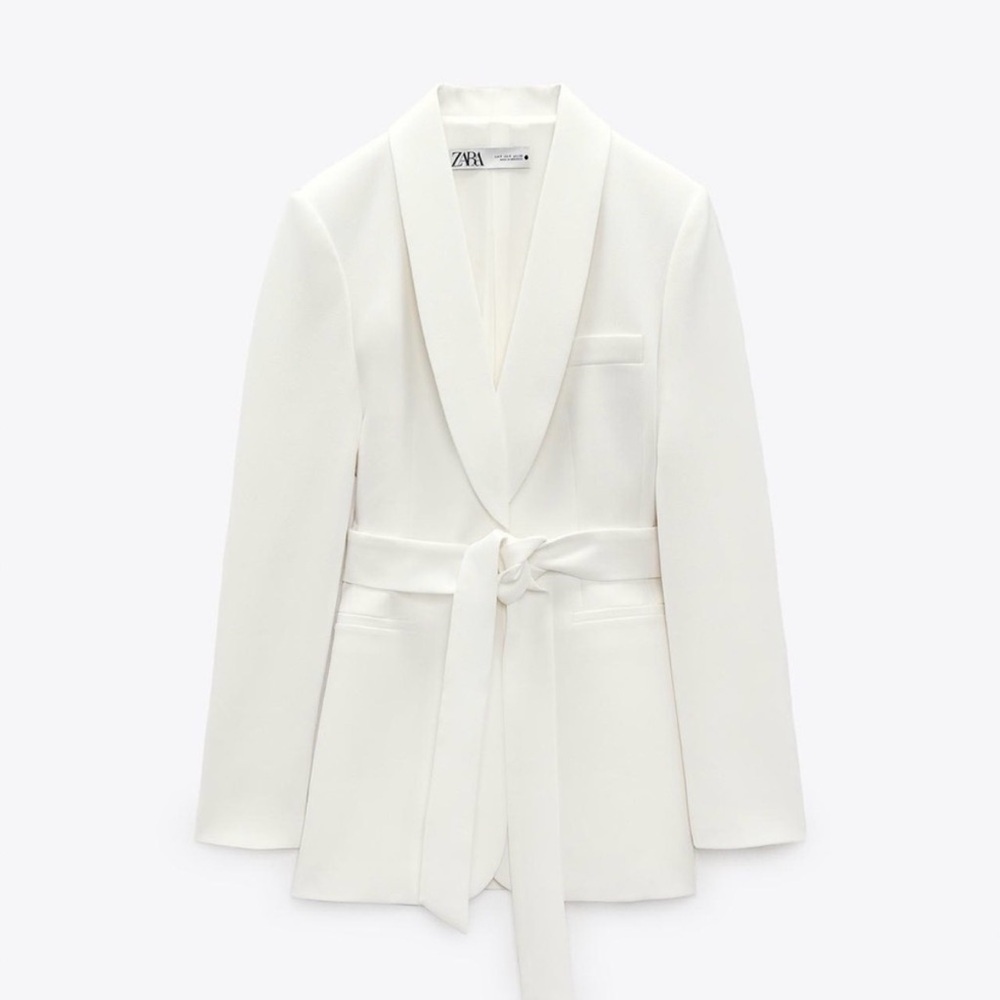 Zara Cream Shawl-Collar Tie-Waist Blazer